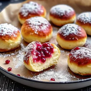A bitten fruit-filled donut on a parchment-lined round tray, surrounded by other powdered sugar donuts and loose berries.