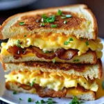 A hearty breakfast toastie cut in half and stacked, oozing with soft scrambled eggs, melted cheese, and bacon strips.