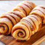 Two neat rows of sliced cinnamon roll pastries baked to a golden brown and dusted with powdered sugar on a wooden tray.