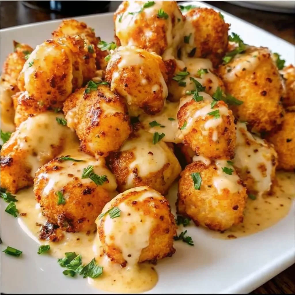 Crispy potato tots heavily drizzled with a thick, gooey cheese sauce and garnished with chopped parsley on a white serving plate.