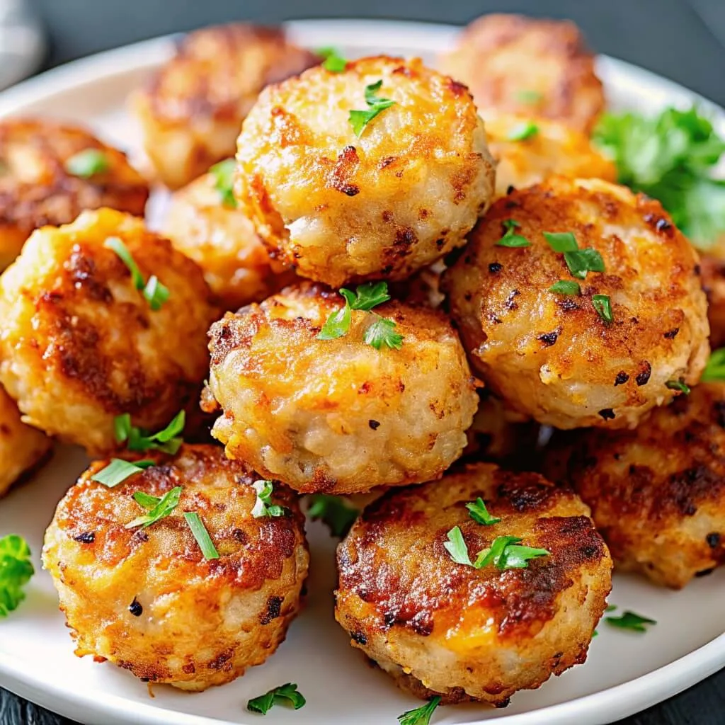 Close-up of homemade, golden pan-fried potato cakes garnished with chopped green herbs, stacked on a white serving plate.