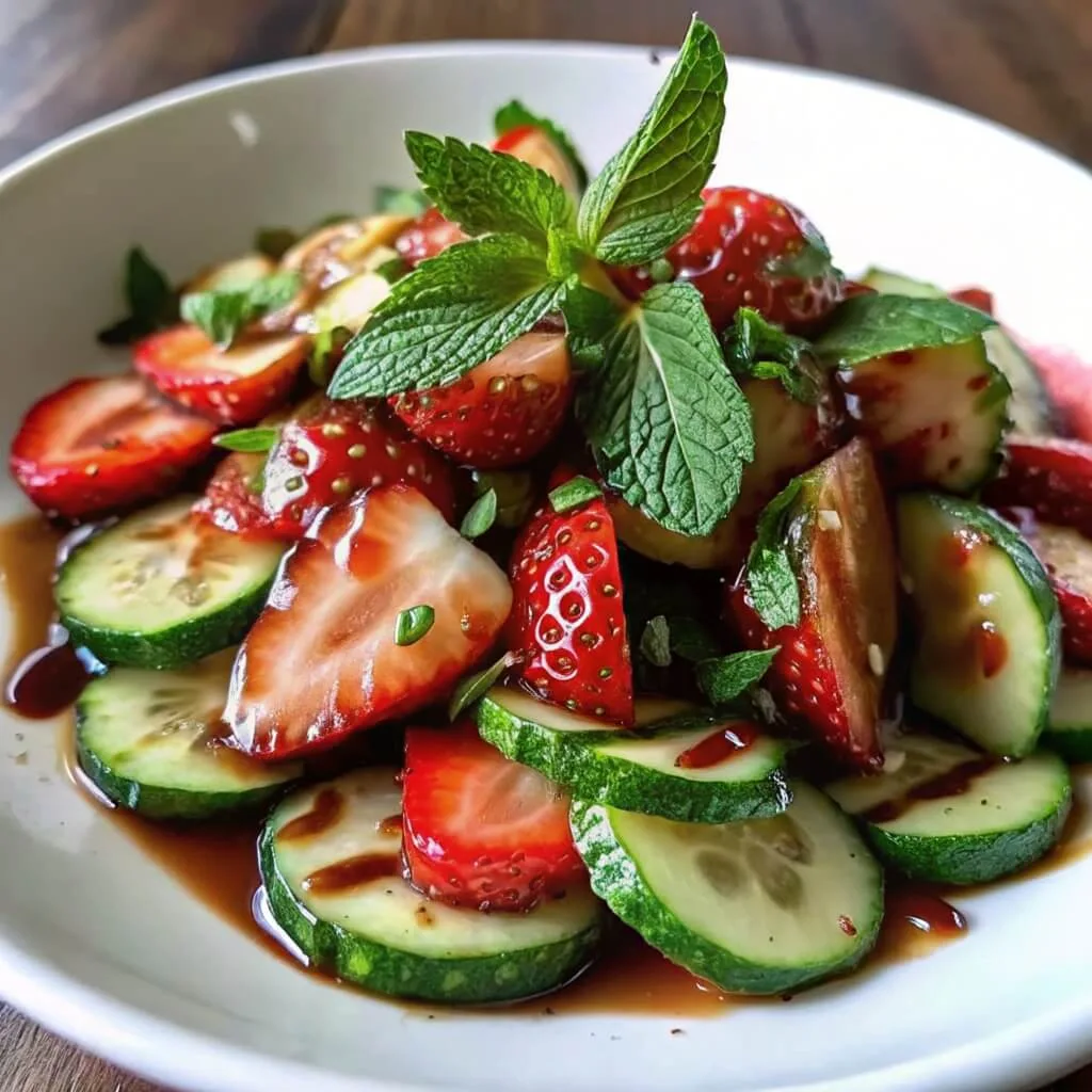 A beautifully plated strawberry and cucumber salad with a glossy balsamic drizzle and a fresh sprig of mint placed on top.