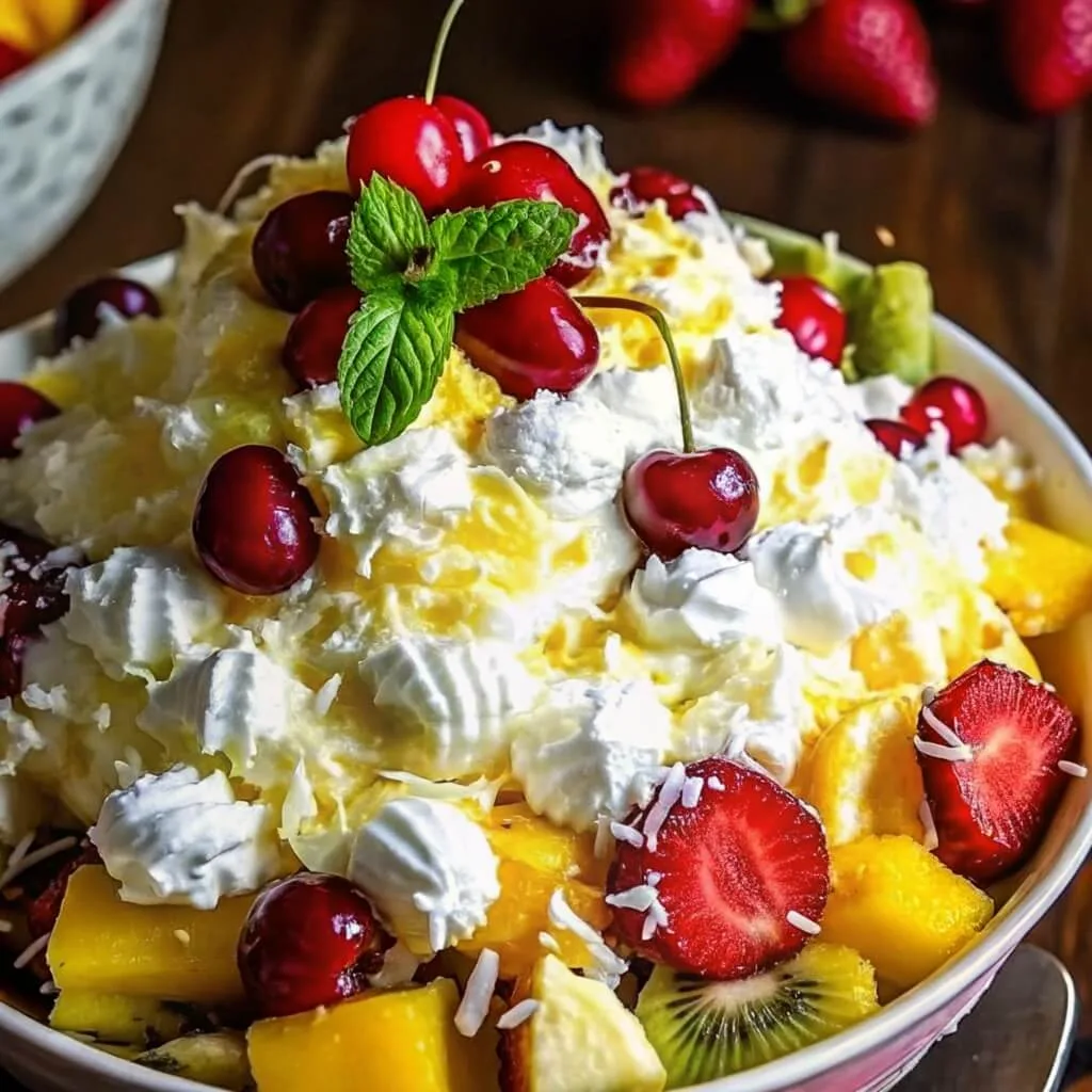 A colorful dessert bowl filled with whipped cream, topped with fresh cherries, a sprig of mint, sliced strawberries, kiwi, and pineapple.