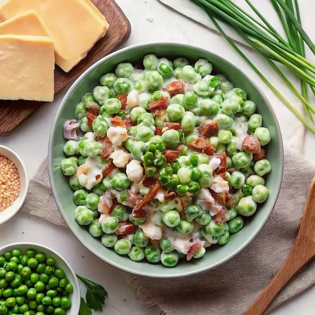 A bowl of creamy pea salad mixed with bacon pieces, red onions, and cubed cheese, sitting next to a wooden serving spoon.