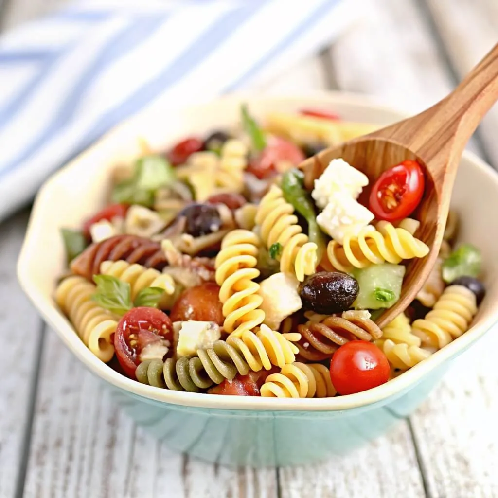 Close-up of a wooden spoon lifting Mediterranean pasta salad with spiral noodles, cherry tomatoes, black olives, cubed feta, and fresh basil.