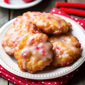 A pile of glazed rhubarb drop cookies on a white beaded plate, sitting on a red polka dot napkin with fresh rhubarb stalks nearby.