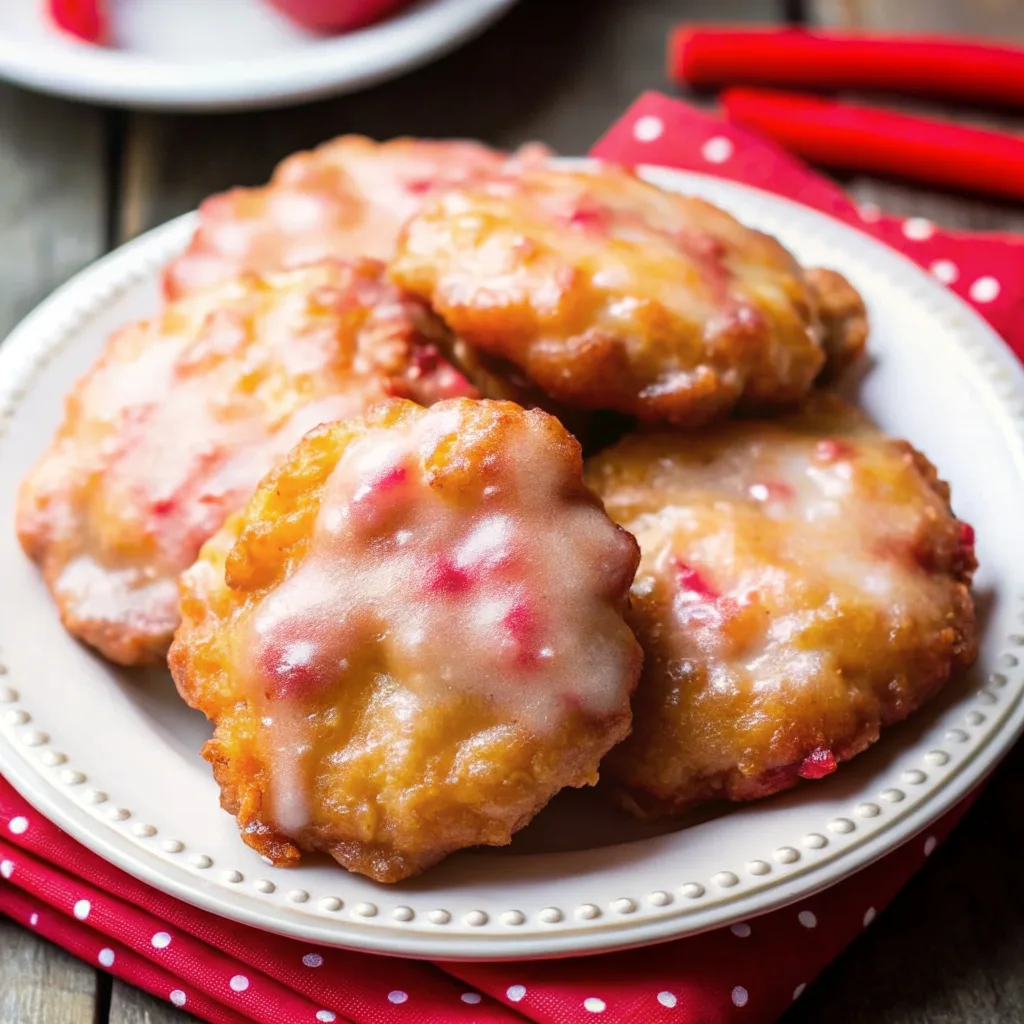 A pile of glazed rhubarb drop cookies on a white beaded plate, sitting on a red polka dot napkin with fresh rhubarb stalks nearby.