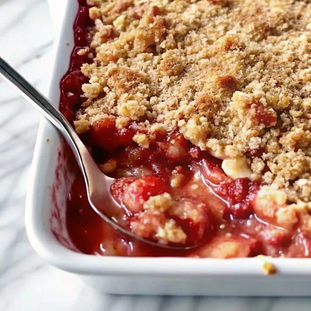 Close up of a baking dish filled with fruit crumble, with a spoon taking out a portion of the red strawberry and rhubarb filling.