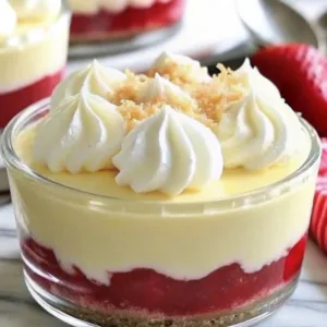 Macro shot of a layered strawberry dessert cup showing a graham cracker crust, red berry filling, creamy vanilla cheesecake, and piped whipped cream.