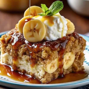 Decadent banana bread pudding loaded with banana chunks, topped with a mint sprig and heavy caramel drizzle.