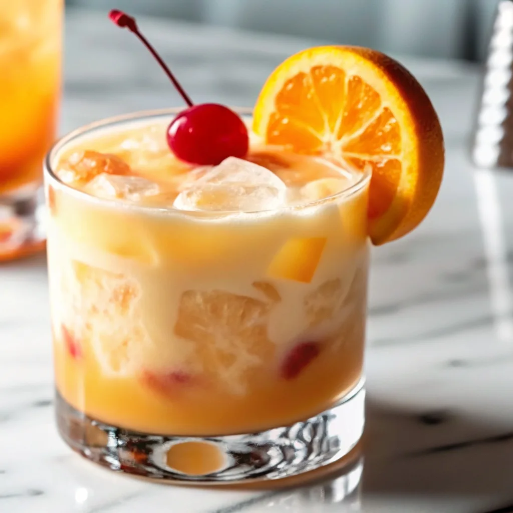 Handcrafted tropical cocktail with orange wheel garnish and cherry on a marble bar top.