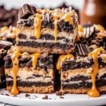 A stack of chocolate brownie bars with caramel drizzle and cookie crumbs on a white plate.