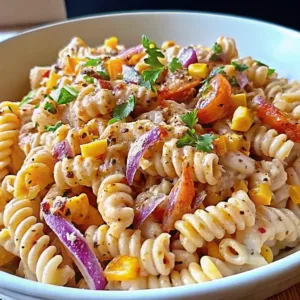 Rotini pasta salad with red onion slices, corn, and diced peppers in a white bowl under natural light.