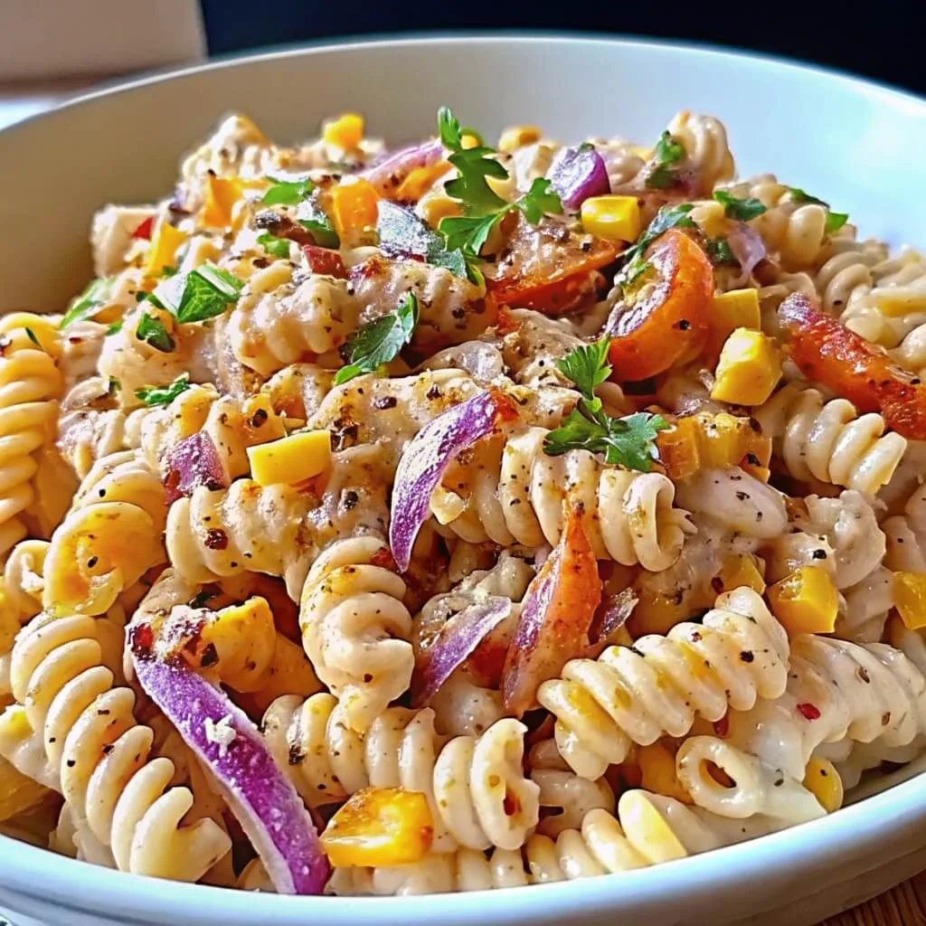 Rotini pasta salad with red onion slices, corn, and diced peppers in a white bowl under natural light.