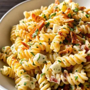 A side-angle view of a bowl of creamy rotini pasta salad with crispy bacon garnish and fresh chives.
