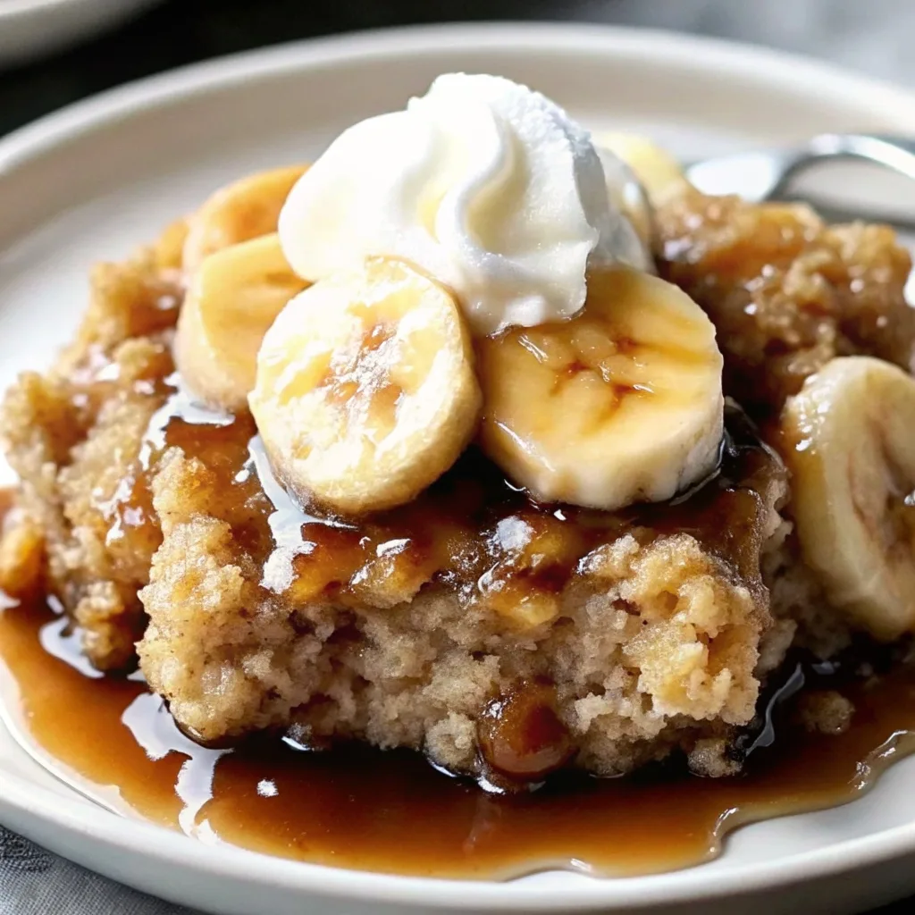 Close-up of a moist banana dessert square topped with whipped cream, sweet syrup, and fresh banana slices.