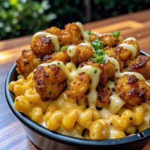 Detailed view of macaroni and cheese topped with seasoned fried chicken and a creamy sauce drizzle in a dark container.