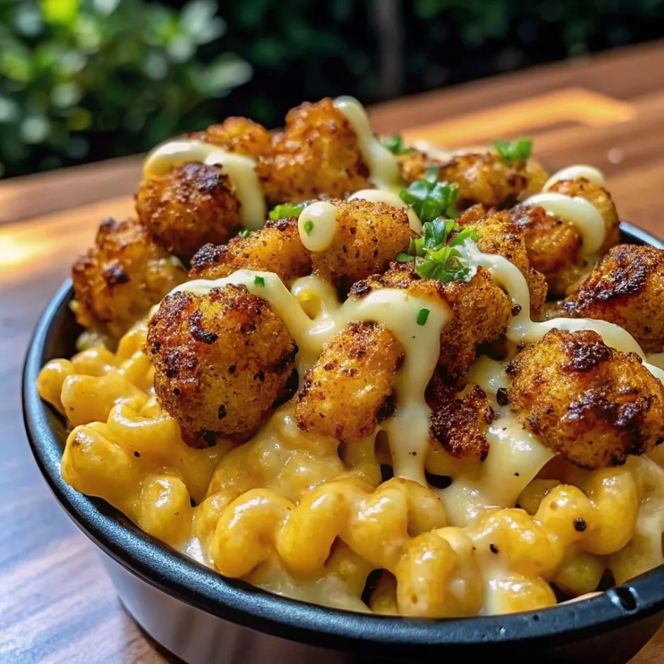 Detailed view of macaroni and cheese topped with seasoned fried chicken and a creamy sauce drizzle in a dark container.