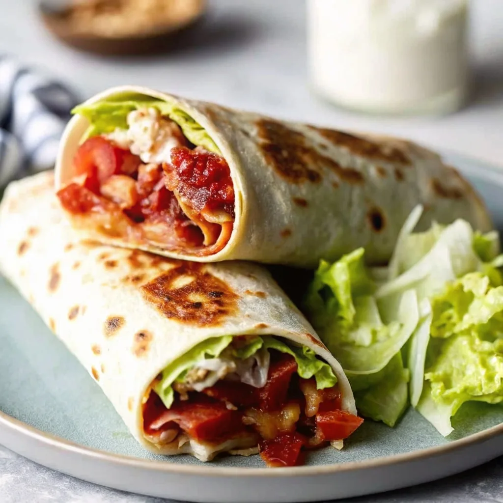 A stack of two grilled breakfast wraps filled with turkey bacon and salsa on a plate with a side of fresh salad.