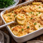 Close-up of a metal spoon serving a portion of creamy scalloped potatoes from a white baking dish on a rustic wooden table.