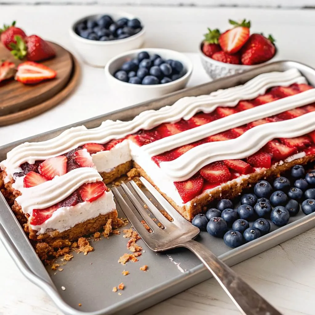 A metal tray of strawberry layered dessert with one slice being lifted out by a silver spatula, surrounded by blueberries.