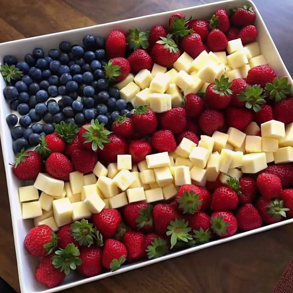 A festive fruit and cheese tray arranged like an American flag with fresh strawberries, blueberries, and cheese on a wooden table.
