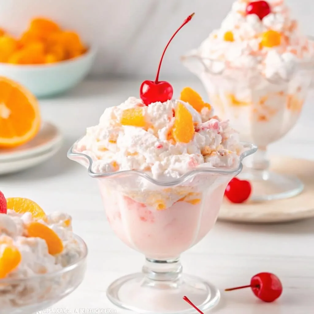 A vibrant individual serving of creamy fruit salad topped with a cherry and oranges, set against a bright white background.
