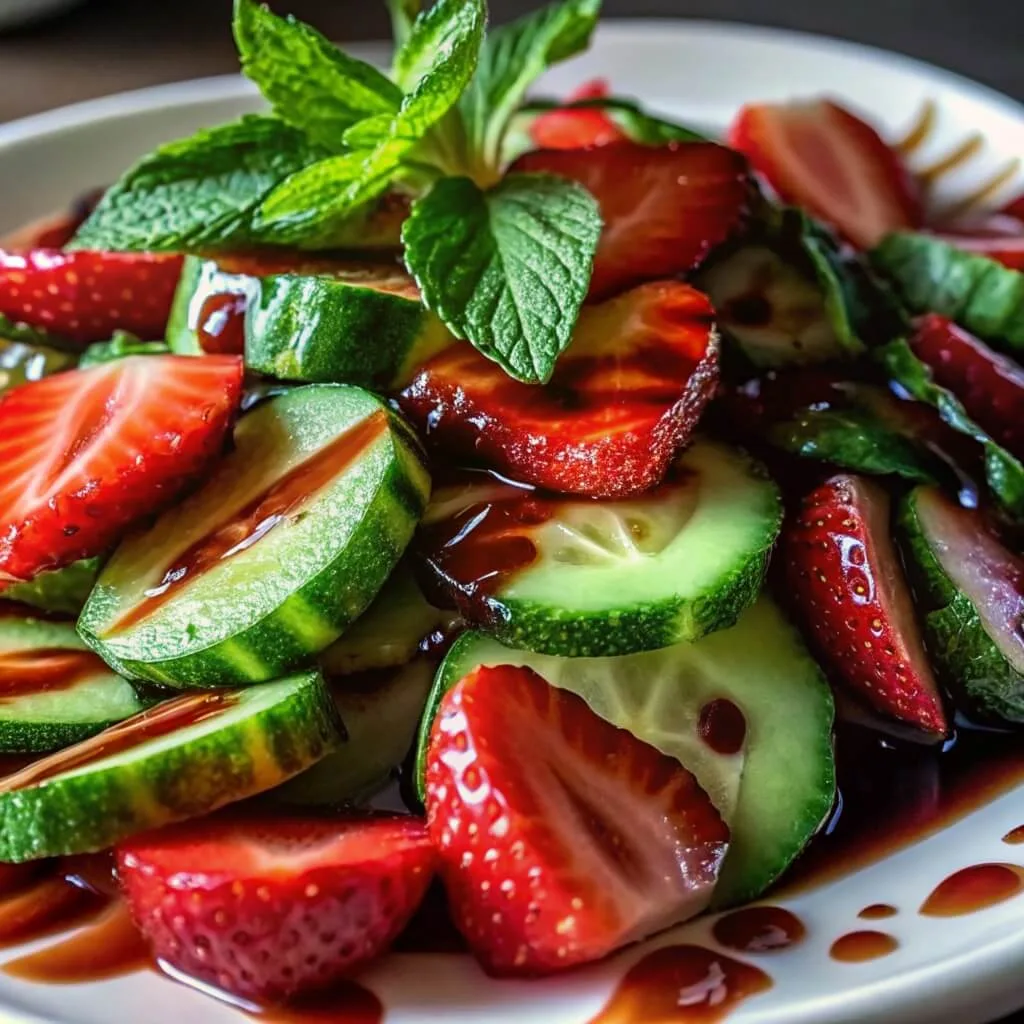 Extreme close-up of a fresh salad made of strawberries, cucumbers, and mint, with dark balsamic glaze pooling on the white plate.