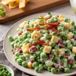 A plate piled high with sweet green peas, creamy mayonnaise dressing, thick bacon crumbles, and cubed cheese.