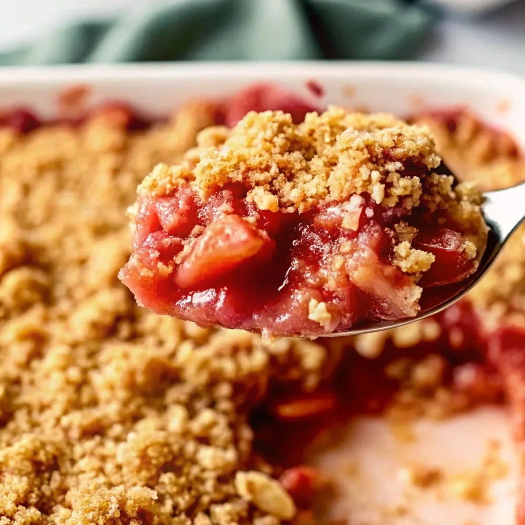 Extreme close-up of a spoon lifting a serving of gooey strawberry crumble with a golden oat and brown sugar topping.
