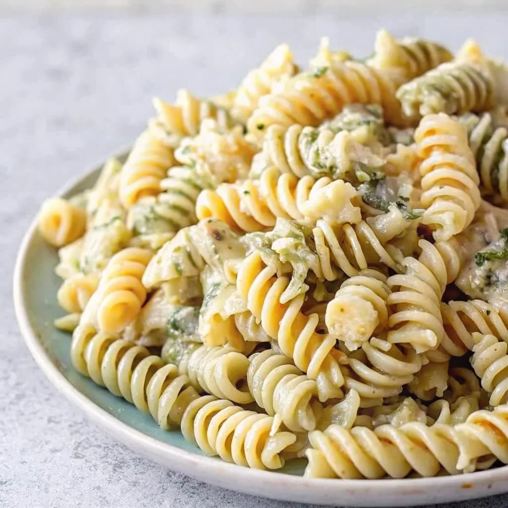 Detailed view of cooked rotini pasta with visible bits of green herbs and garlic in a creamy sauce.