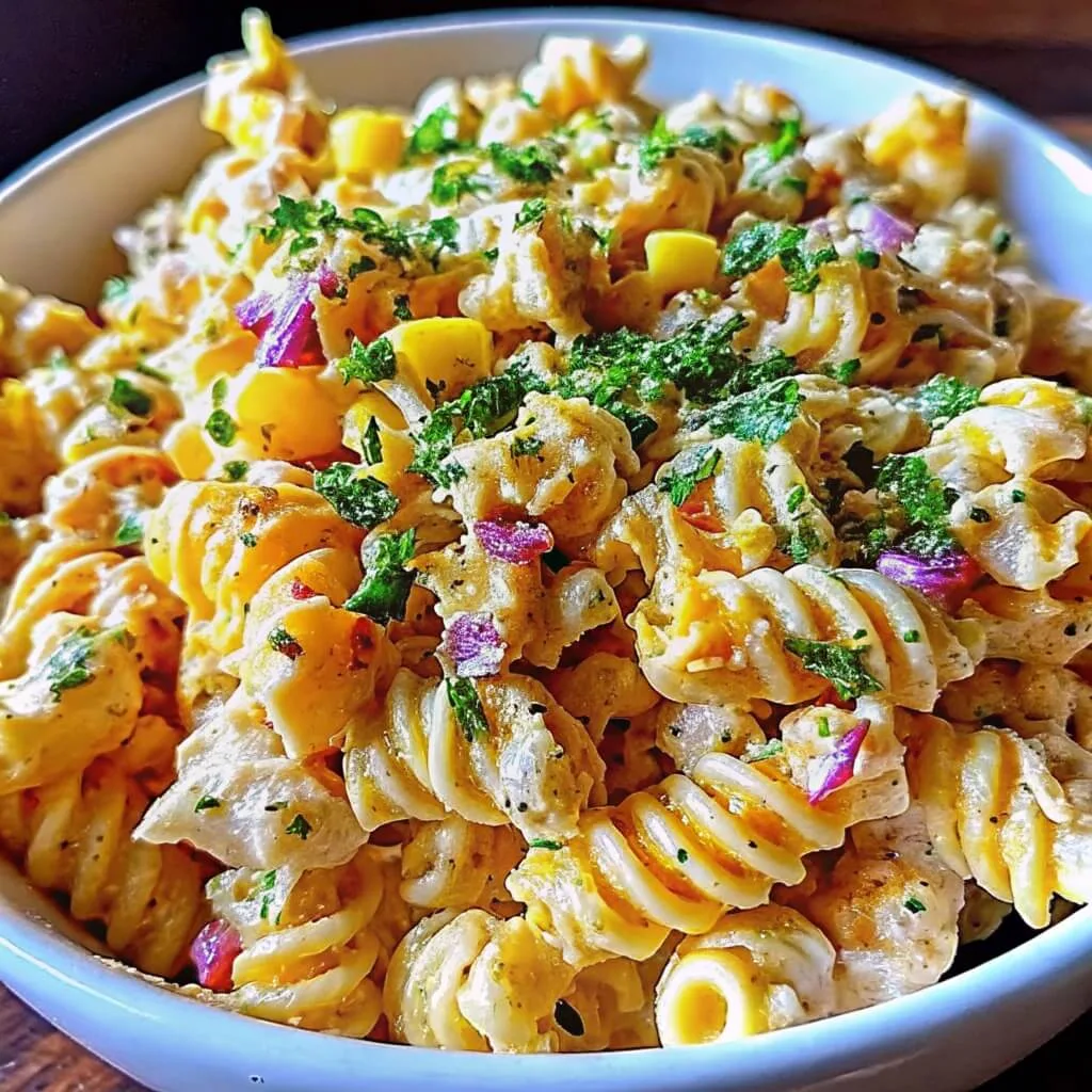 Close-up of a bowl of pasta salad showing rotini, corn, and purple onion with a focus on the herb garnish.