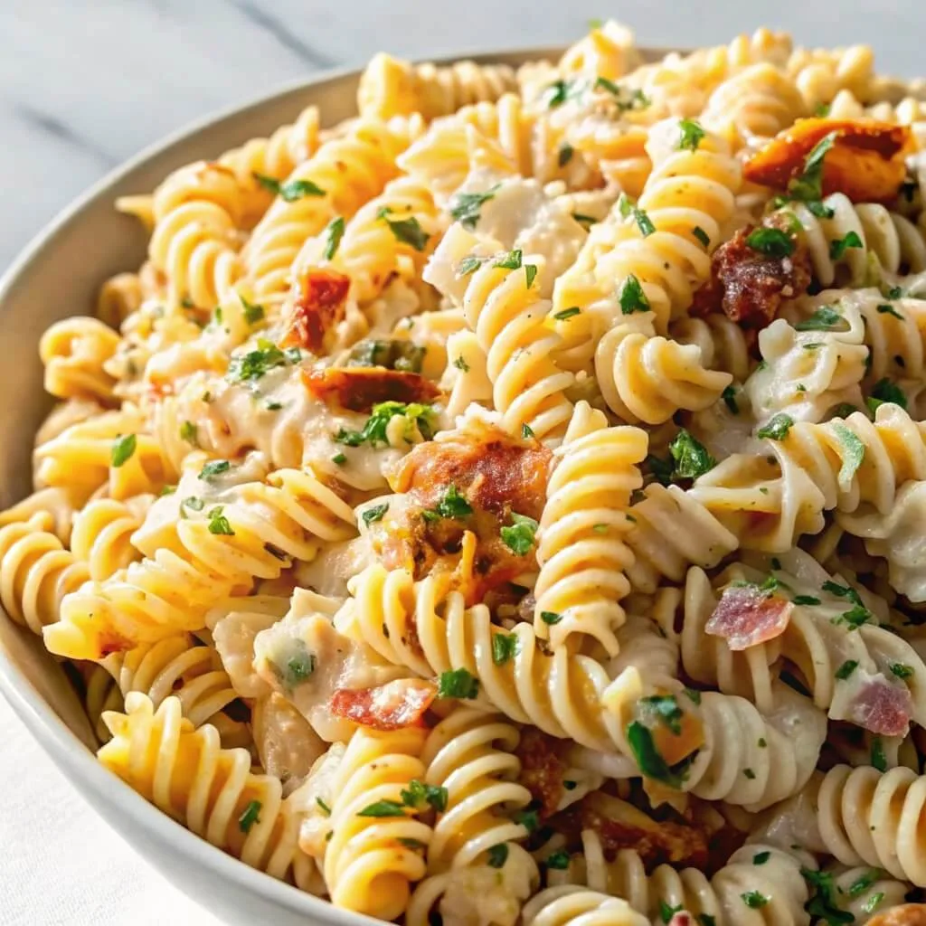 Detailed view of a bowl of rotini pasta salad with bacon, fresh herbs, and a thick ranch-style coating.