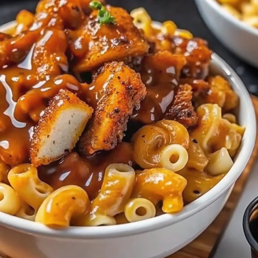 Close-up of macaroni pasta topped with breaded chicken and a generous pour of savory sauce in a white bowl.