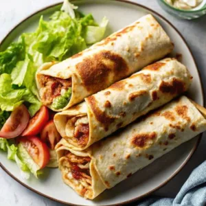 A platter of three grilled tortilla wraps filled with turkey bacon and tomatoes, served with a side of fresh vegetables.