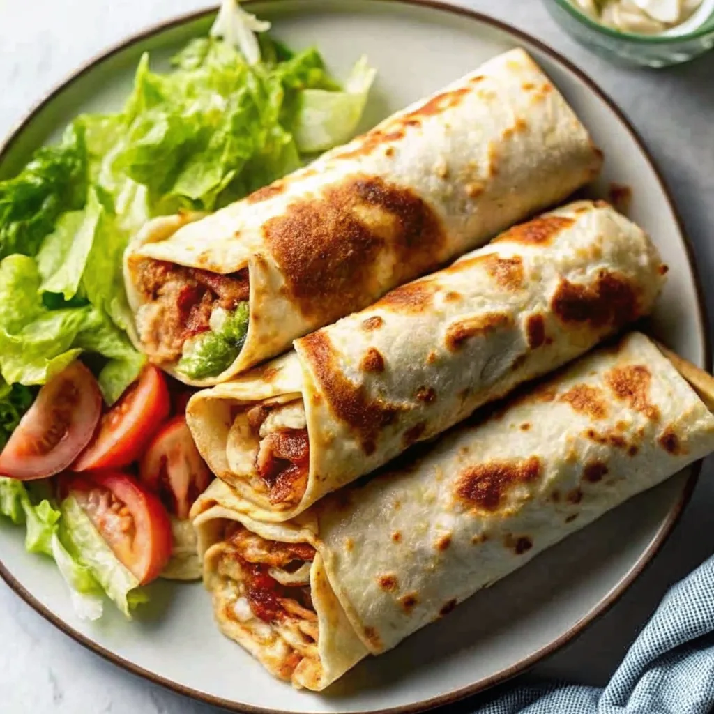 A platter of three grilled tortilla wraps filled with turkey bacon and tomatoes, served with a side of fresh vegetables.