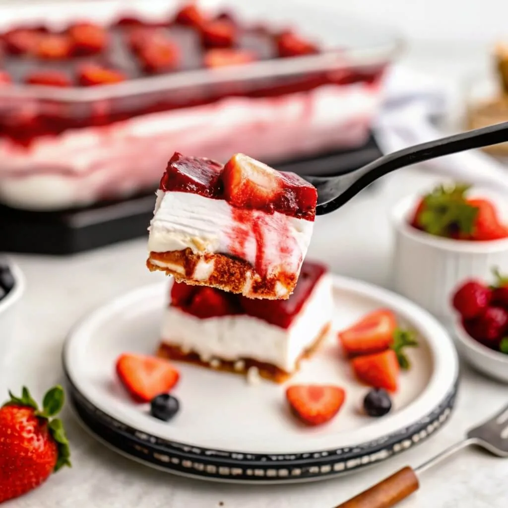 A detailed close-up of a dessert bite on a fork showing the texture of the strawberry glaze and cream filling.
