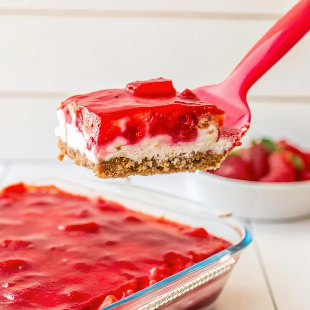 A square slice of layered strawberry dessert being held up on a pink spatula against a white background.