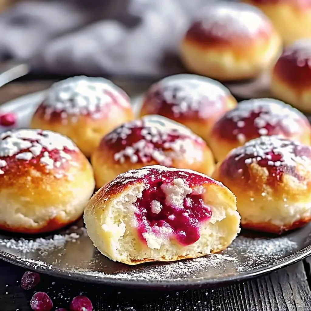 A dark plate holding several golden jelly donuts topped with powdered sugar, featuring a bitten donut in the front with bright red jam.