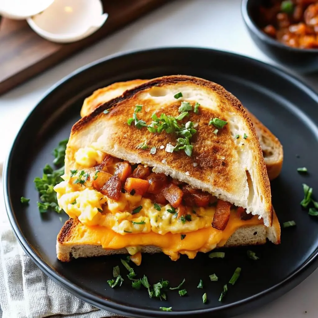 A toasted breakfast sandwich filled with scrambled eggs, cheese, and thick-cut bacon, served on a black plate with fresh herbs.