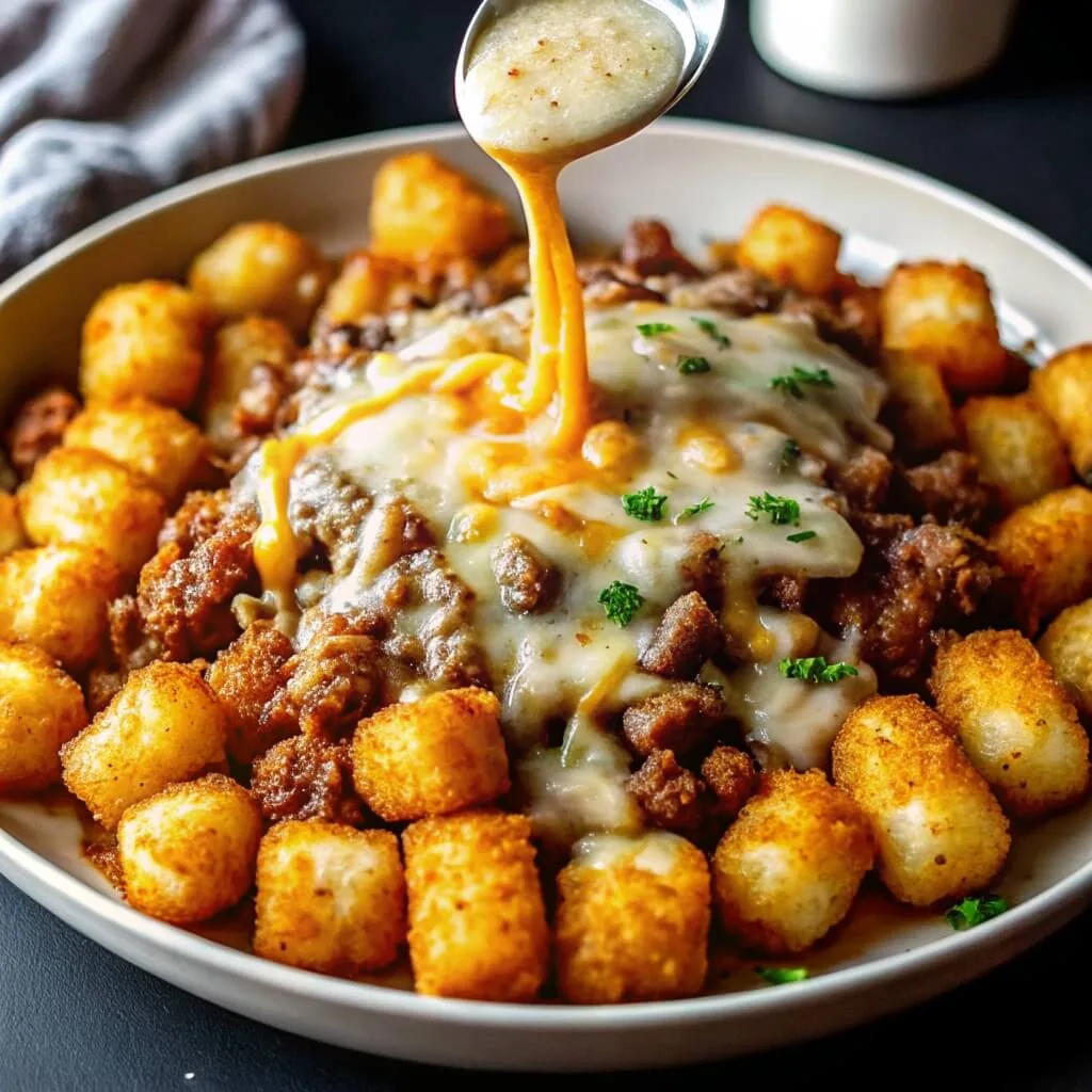 Crispy tater tots arranged around a center of beef chili and melted cheese, with a spoonful of creamy sauce being poured directly on top.