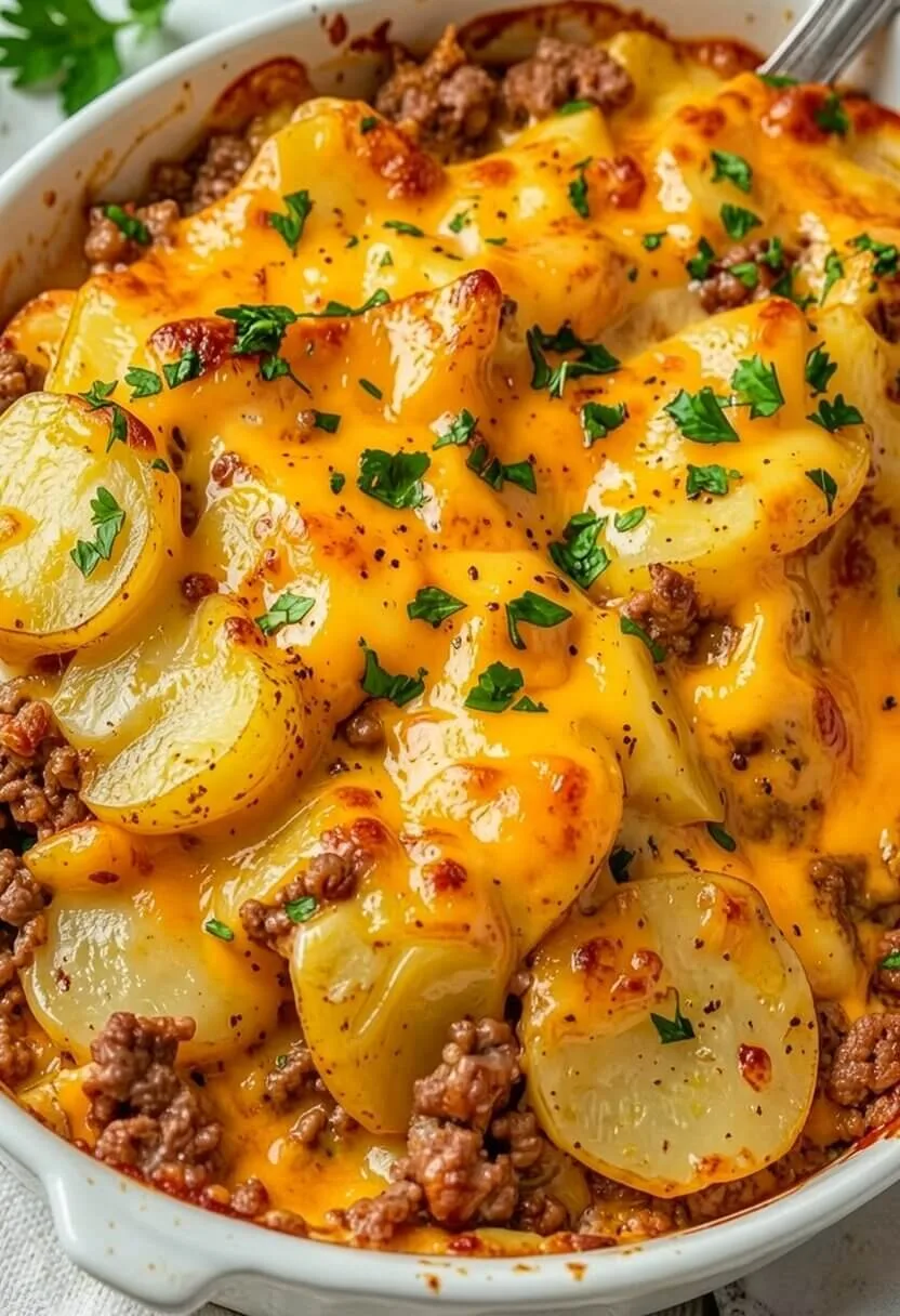 Close up of a baked ground beef and potato casserole with layered sliced potatoes, melted cheddar cheese, and fresh parsley.