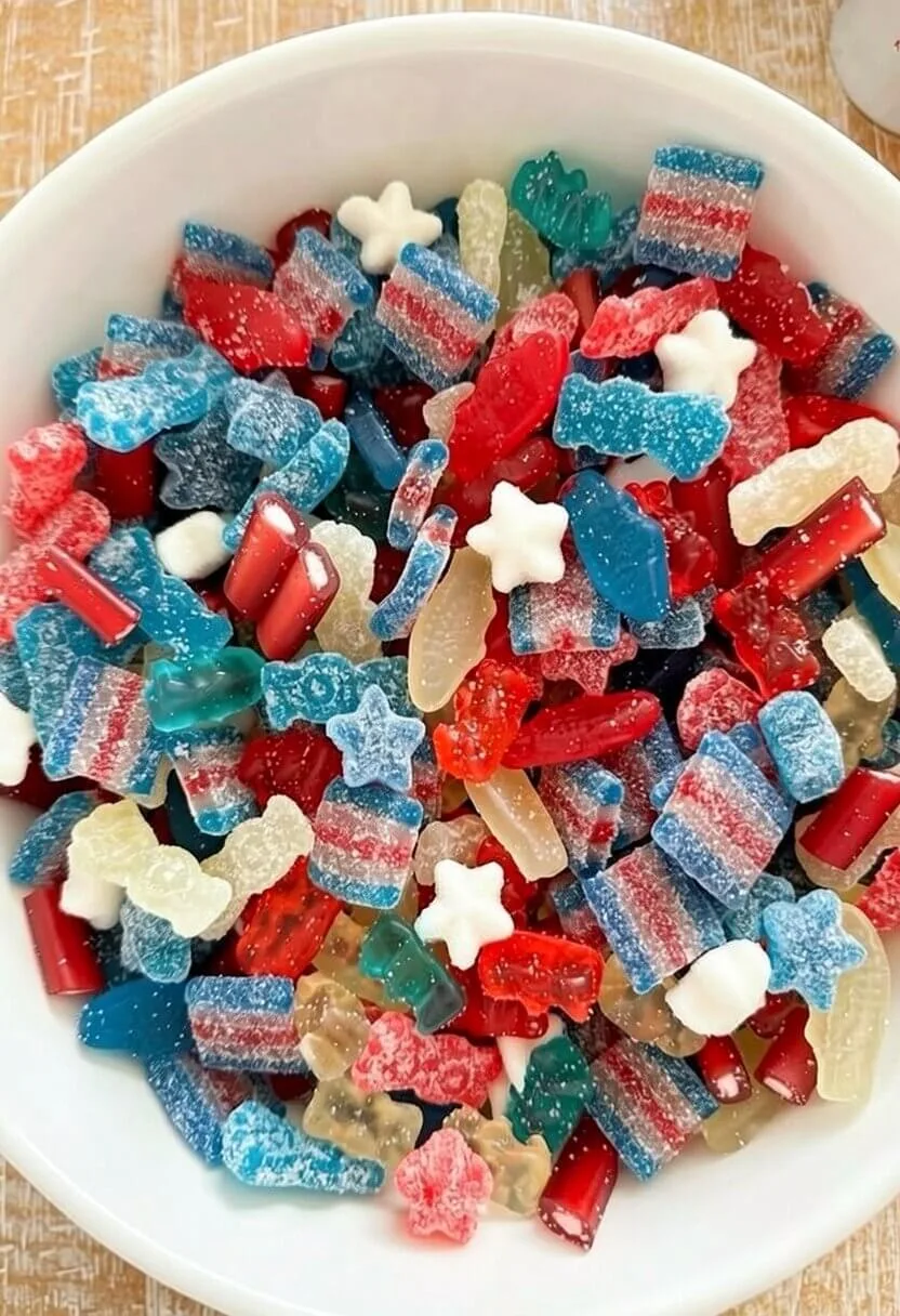 Top down view of a white bowl filled with a 4th of July candy salad containing red white and blue gummy bears, sour belts, Swedish fish, and star candies.