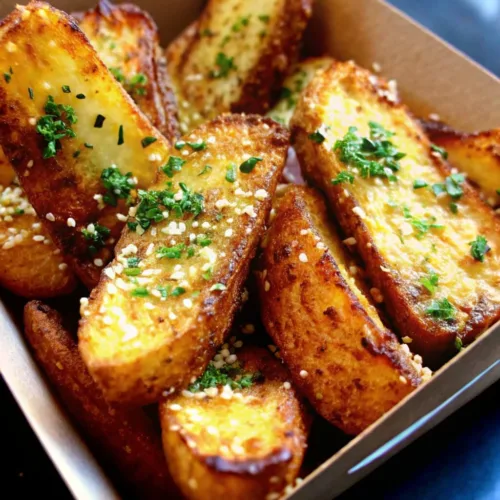 A cardboard container filled with thick, golden-brown roasted potato wedges topped with fresh herbs, parmesan cheese, and sesame seeds.
