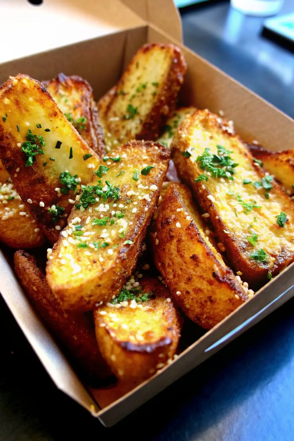 A cardboard container filled with thick, golden-brown roasted potato wedges topped with fresh herbs, parmesan cheese, and sesame seeds.