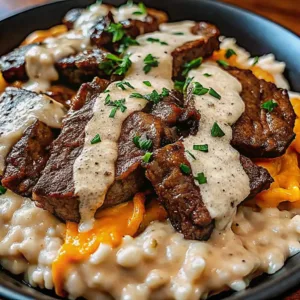 A close-up of seared steak tips served over creamy risotto, topped with a rich garlic peppercorn sauce and fresh herbs.