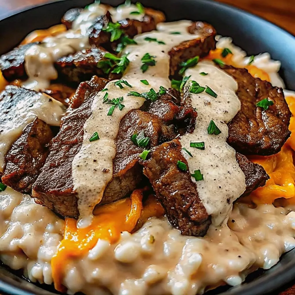 A close-up of seared steak tips served over creamy risotto, topped with a rich garlic peppercorn sauce and fresh herbs.