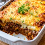 A side view of a sliced Shepherd's Pie in a white baking dish, showing layers of seasoned ground beef and a thick, bubbly melted cheese crust.