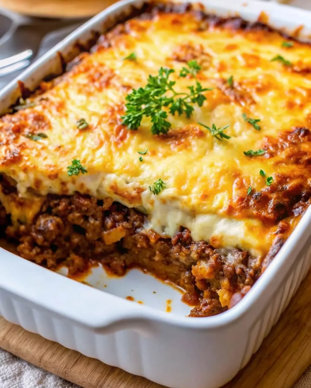 Cottage Cheese Mushroom Swiss Burger Casserole Recipe 1 A side view of a sliced Shepherd's Pie in a white baking dish, showing layers of seasoned ground beef and a thick, bubbly melted cheese crust.