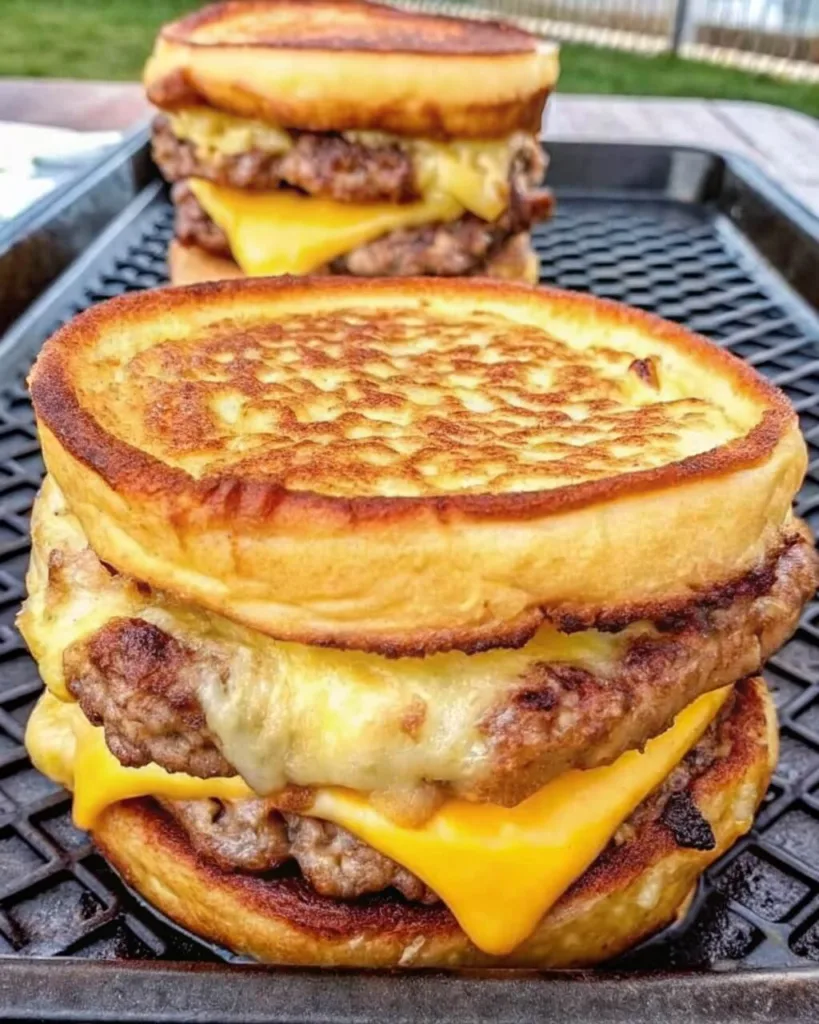 A close-up of a stacked breakfast sandwich featuring two sausage patties, melted cheddar cheese, and a fried egg between two thick, golden-brown pancakes.